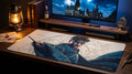 Arcane Chosen desk mat in a brass-lit wizard-study desk setup
