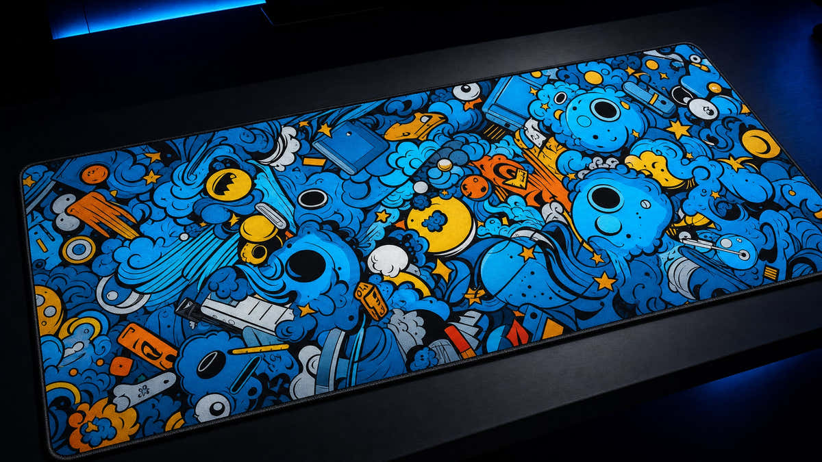 Pop Static desk mat in a dark blue-lit desk setup