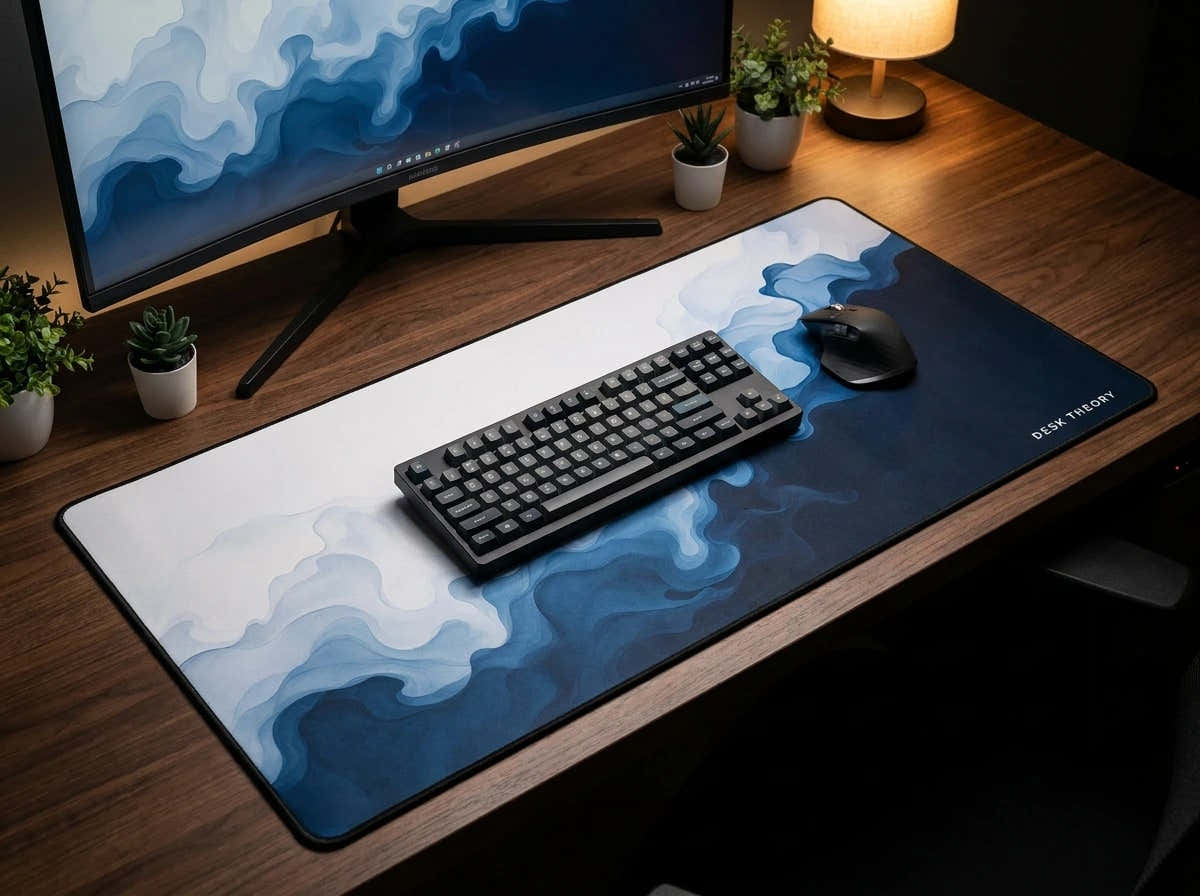 Blue Wave desk mat in a premium desk setup