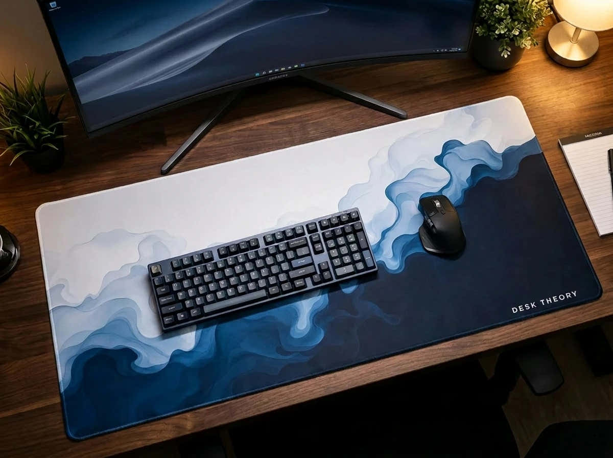 Blue Wave desk mat footprint with keyboard and mouse