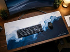 Blue Wave desk mat footprint with keyboard and mouse