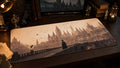 Castle Return desk mat in a warm wizard-study desk setup
