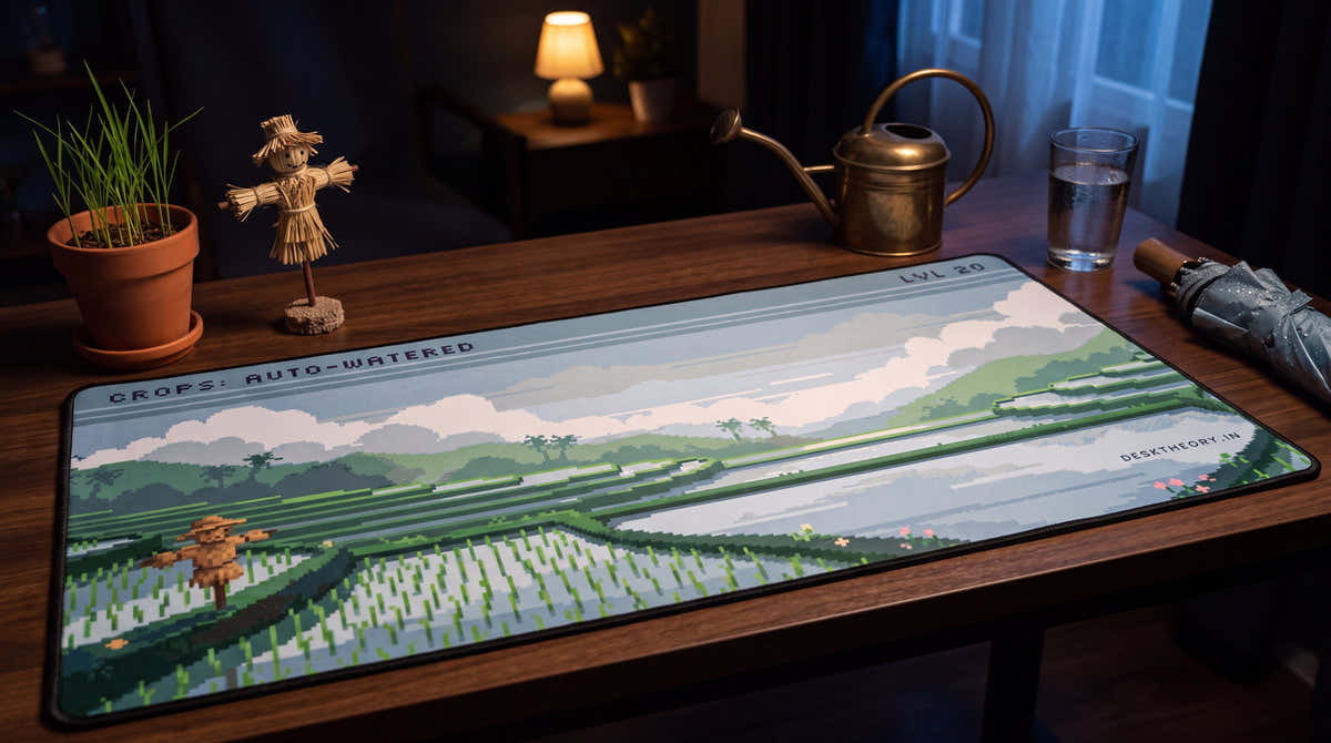 Crops: Auto-Watered pixel art desk mat on a desk at night