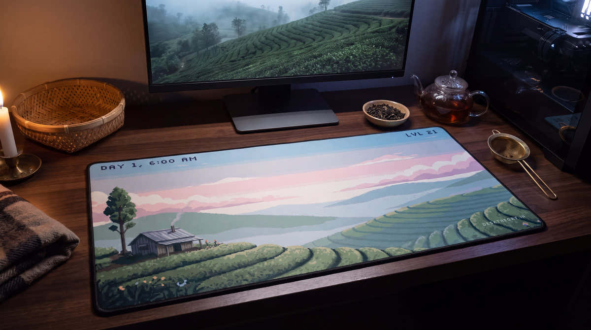 Day 1, 6:00 AM pixel art desk mat on a desk at night