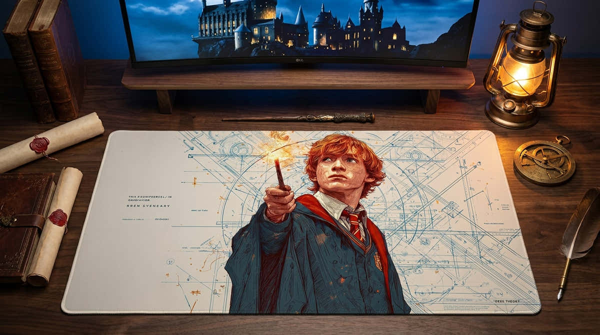 Ember Charm desk mat in a warm wizard-study desk setup