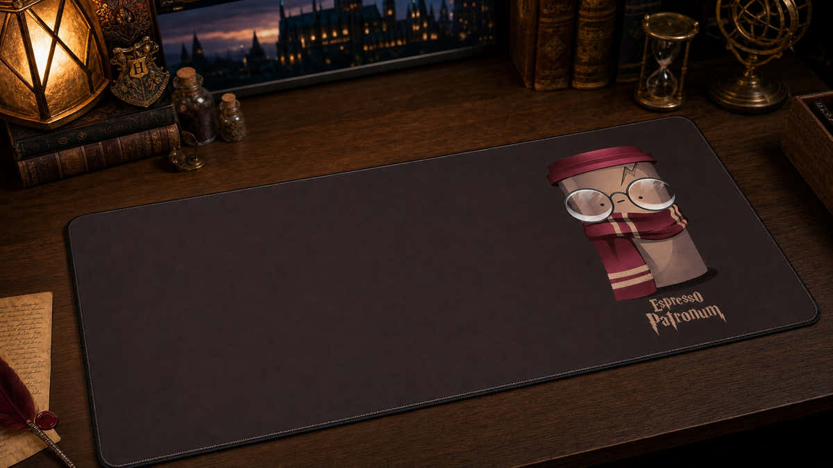 Espresso Patronum desk mat in a warm wizard-study desk setup
