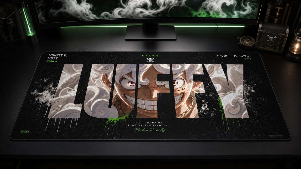 Gear 5 Luffy Gear 5 anime desk mat in a dark PC setup