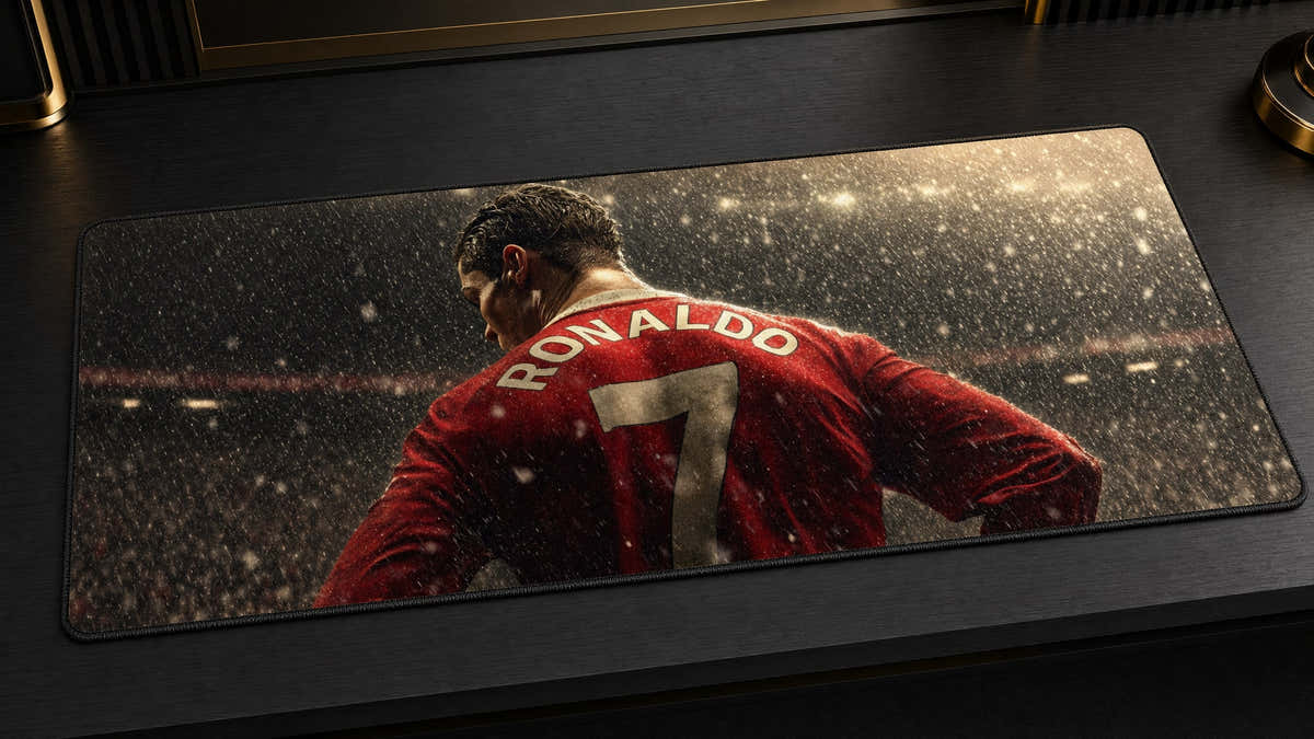 Number 7 football desk mat in a warm collector desk setup