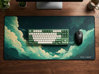 Emerald Cloud desk mat footprint with keyboard and mouse