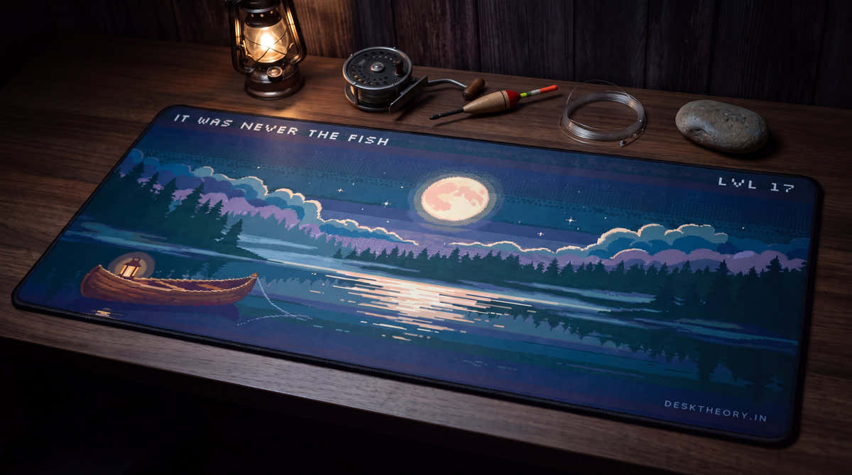 It Was Never the Fish pixel art desk mat on a desk at night