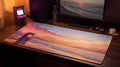 Last Game, Pakka pixel art desk mat on a desk at night