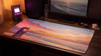 Last Game, Pakka pixel art desk mat on a desk at night