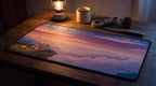 Left the Group Chat pixel art desk mat on a desk at night