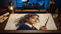 Library Oath desk mat in a warm wizard-study desk setup