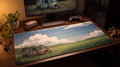 Long AFK pixel art desk mat on a desk at night