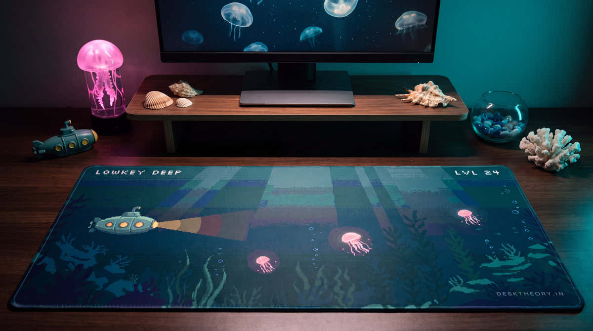 Lowkey Deep pixel art desk mat on a desk at night