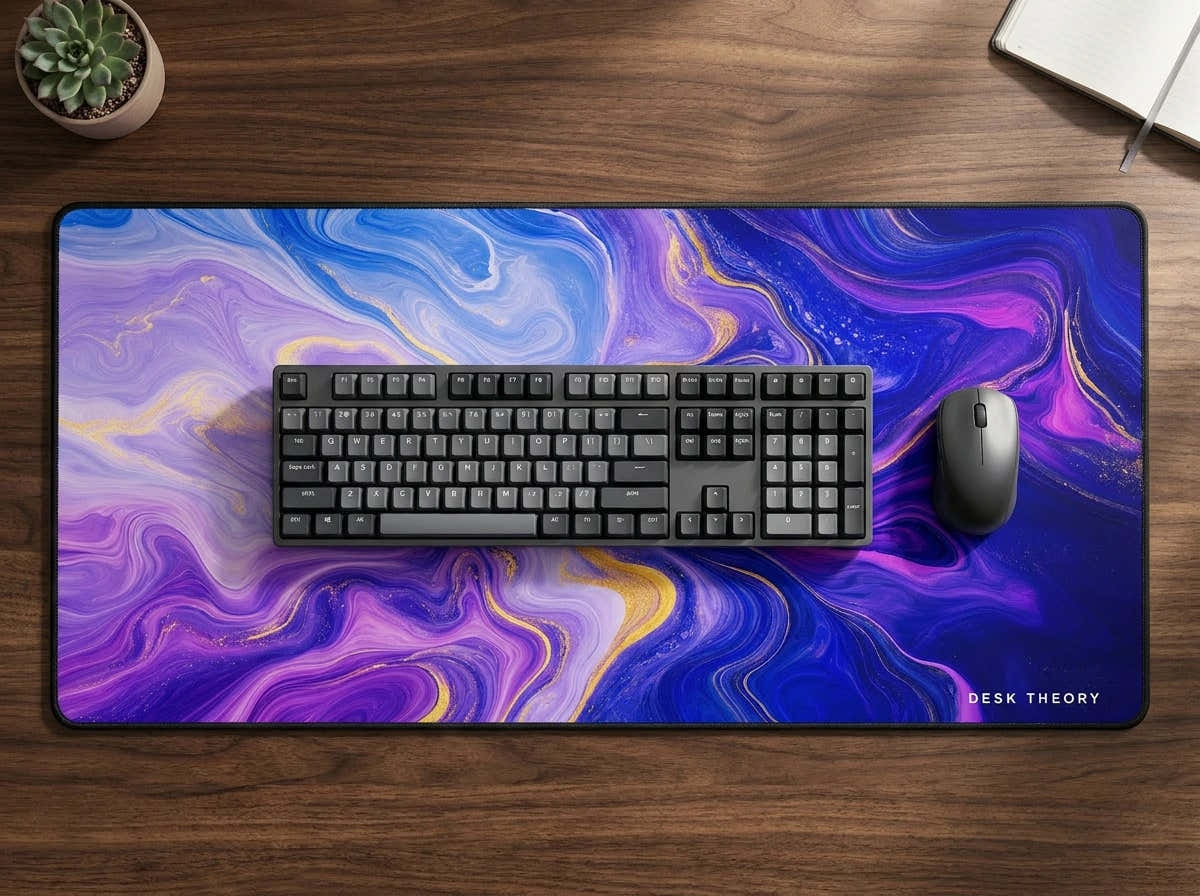 Neon Marble desk mat footprint with keyboard and mouse