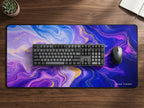 Neon Marble desk mat footprint with keyboard and mouse