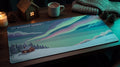 No Enemies Nearby pixel art desk mat on a desk at night