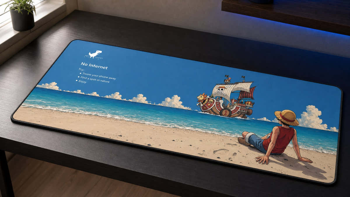 Offline Voyage anime beach desk mat in a clean daylight setup