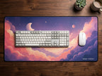 Pastel Celestial desk mat footprint with keyboard and mouse