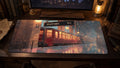 Platform 9 3/4th desk mat in a warm wizard-study desk setup