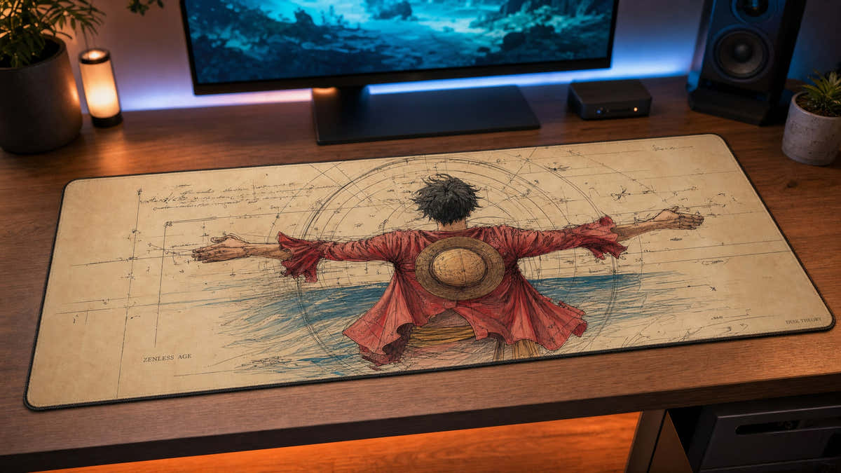 Monkey D. Luffy anime desk mat in a blue-lit PC setup