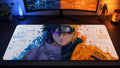 Naruto & Sasuke split anime desk mat in a blue and orange PC setup