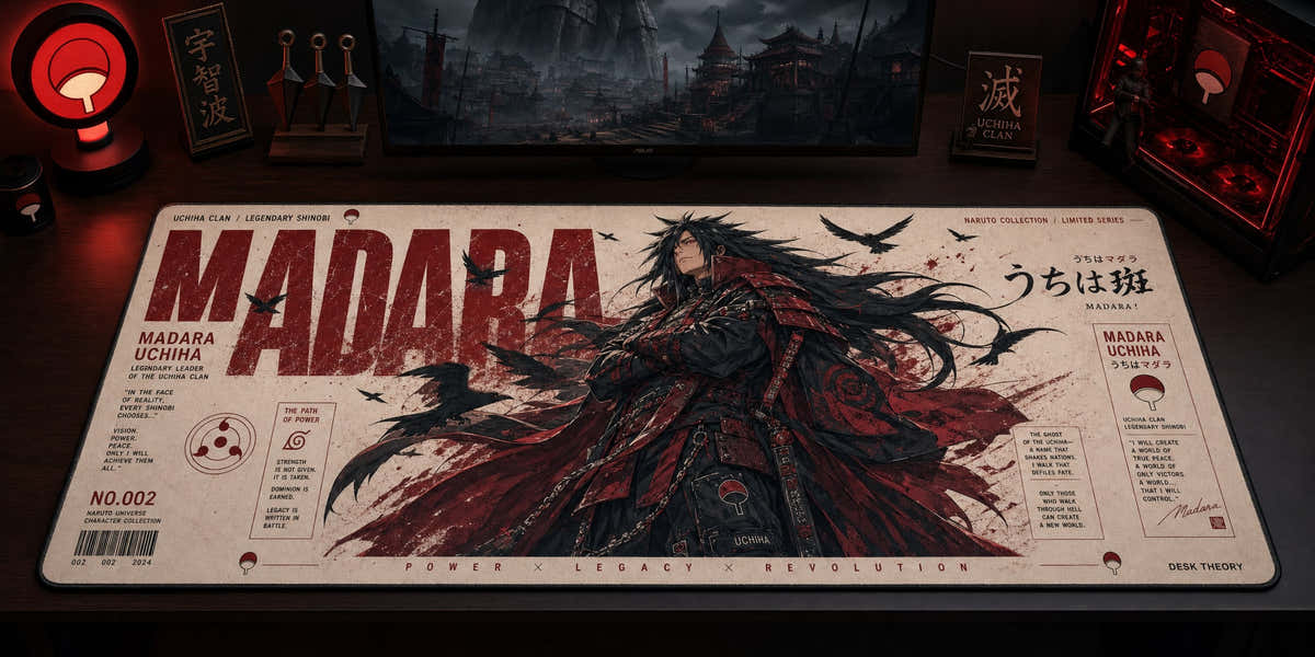 Itachi Uchiha anime desk mat in a red-black Uchiha PC setup