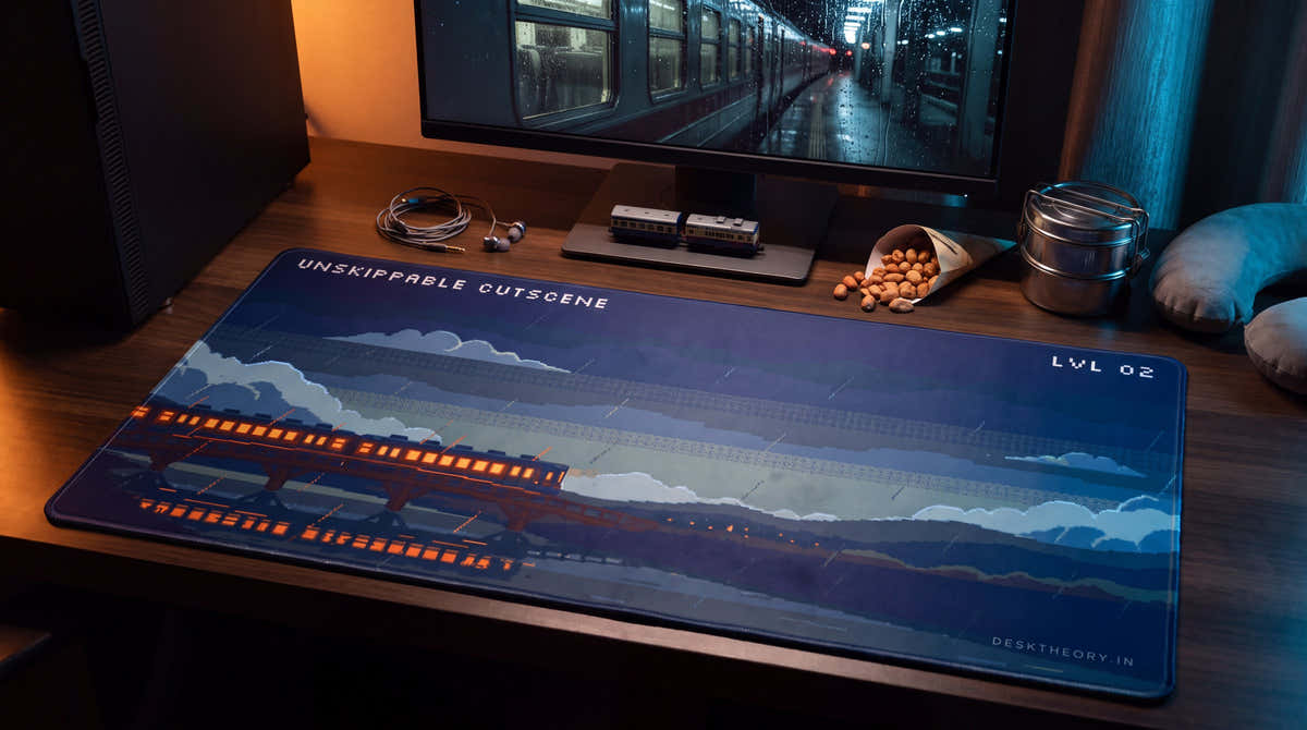 Unskippable Cutscene pixel art desk mat on a desk at night