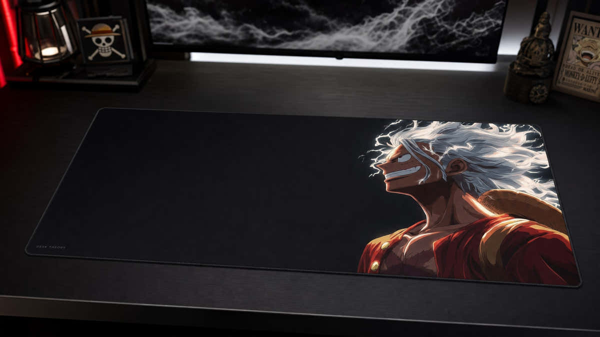 Luffy anime desk mat in a dark PC setup